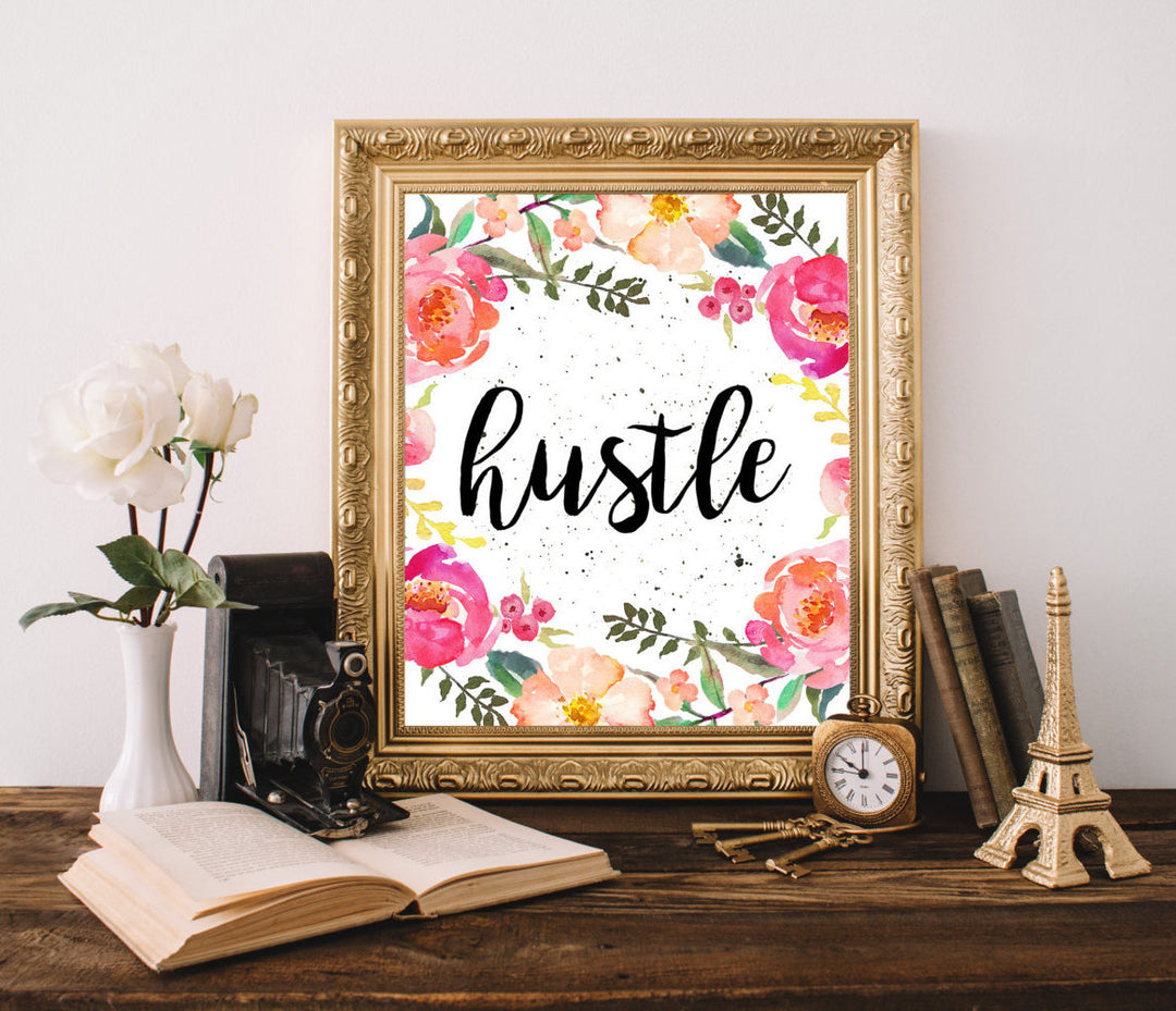hustle print, office decor for women, office desk accessories, motivational poster