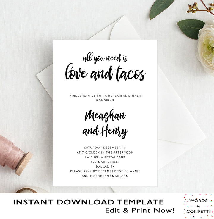 All You Need Is Love And Tacos, Modern Wedding Invite, Rehearsal Dinner Invitation Instant Download, Printable Template Editable, Fiesta