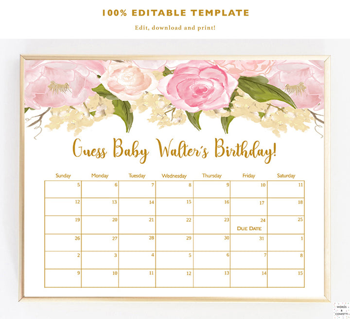 Due Date Calendar Game, Printable, Baby Shower Games Girl, Guess Babys Birthday, Guess Baby Items, Floral, Babyshower, Download, PDF, Gold