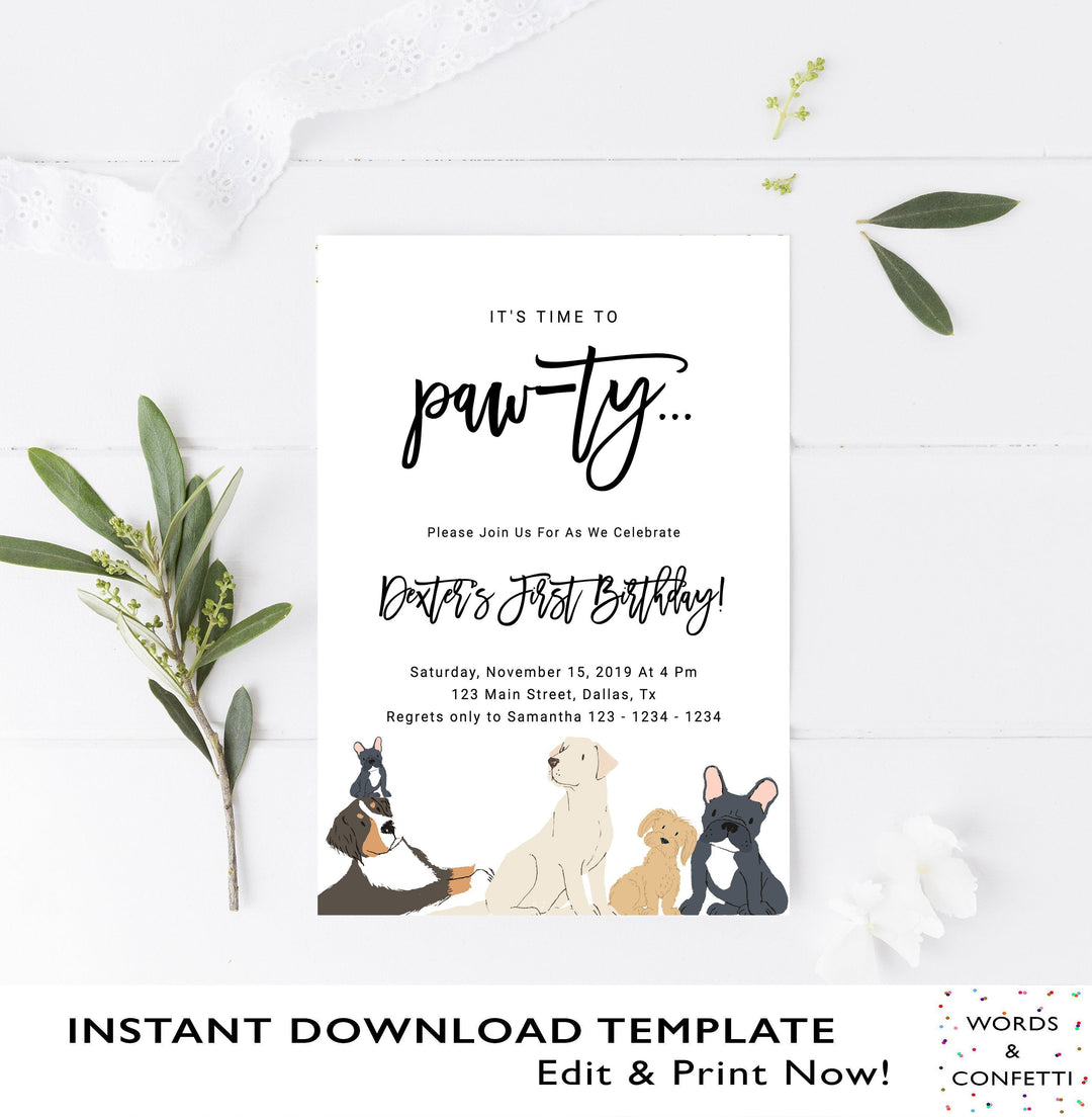 It's Time To Pawty, Dog Birthday Invitation, Dog Birthday Party, Puppy Birthday Party Invites, Editable Instant Download Printable, Custom