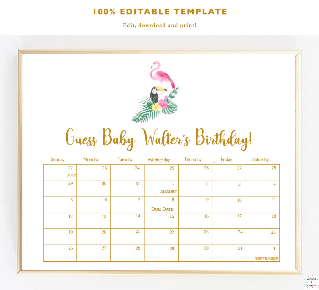 Tropical Baby Shower Games, Decorations, Ideas, Flamingo Baby Shower, Due Date Calendar, Editable Template, Guess Baby Due Date, Party Games