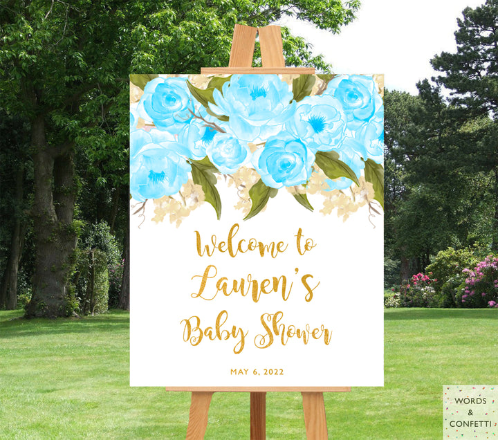 Blue & Gold Floral Baby Shower Welcome Sign