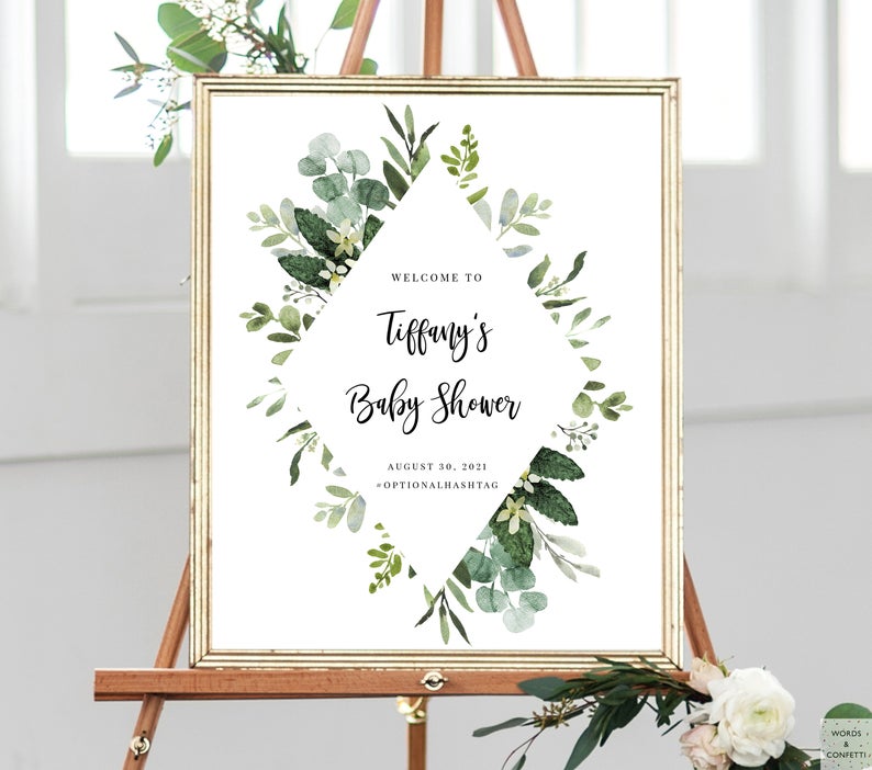 eucalyptus-baby-shower-welcome-sign-greenery-words-and-confetti