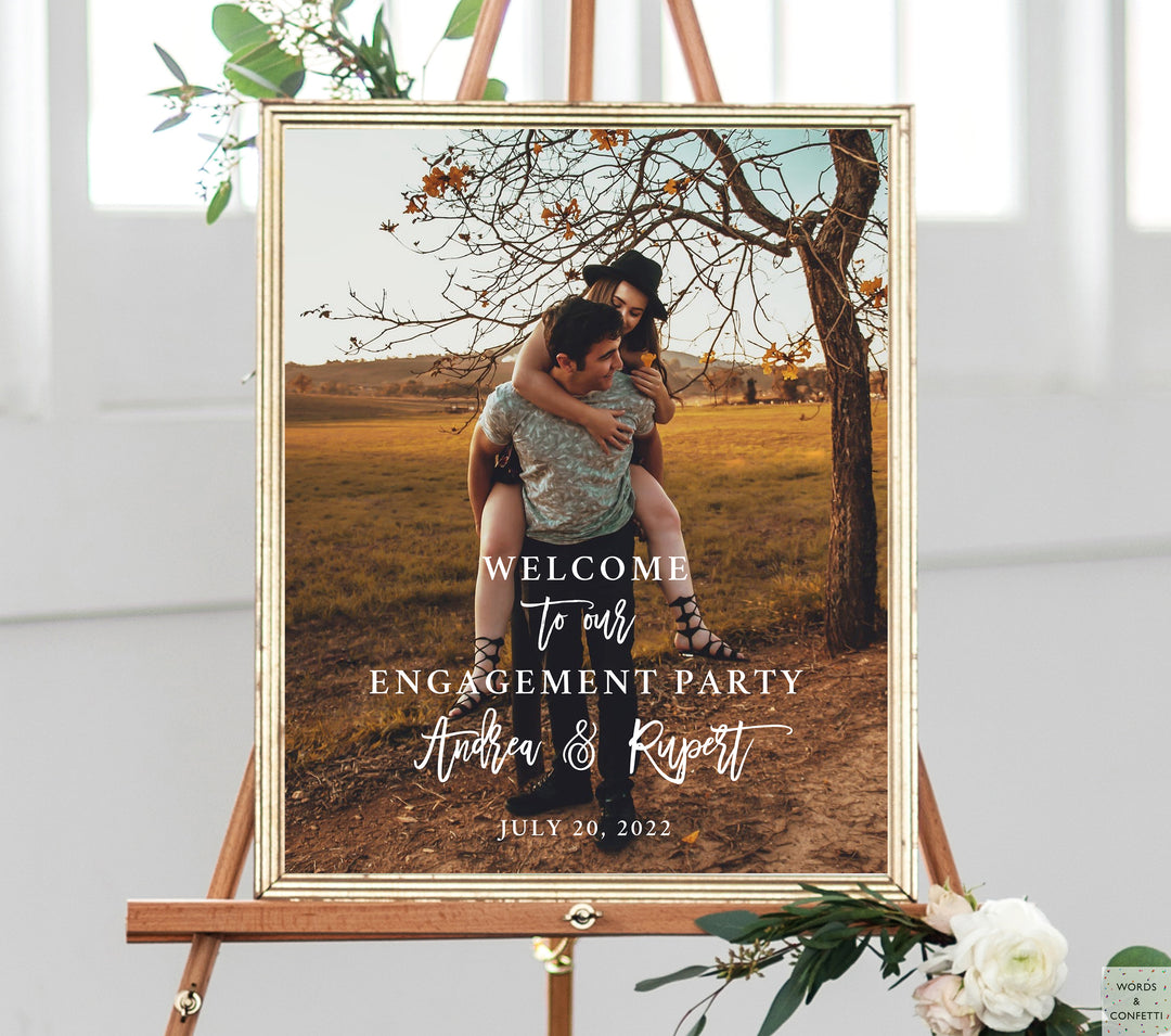 engagement-party-welcome-sign-with-photo-words-and-confetti