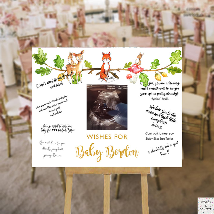 woodland-baby-shower-decorations-words-and-confetti-guest-book-sign